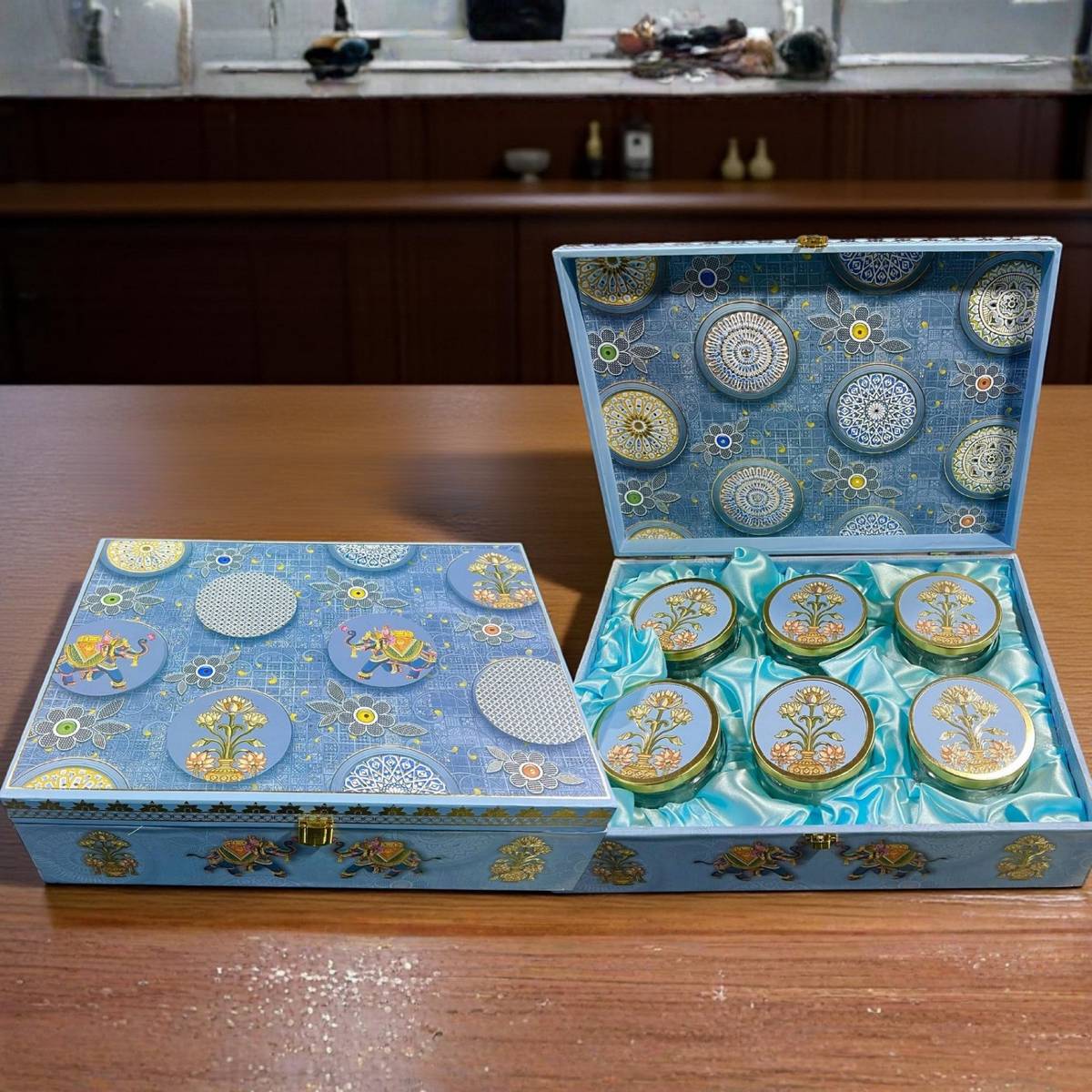 Maharaja Delight premium dry fruit gift hamper in a gold-trimmed presentation box